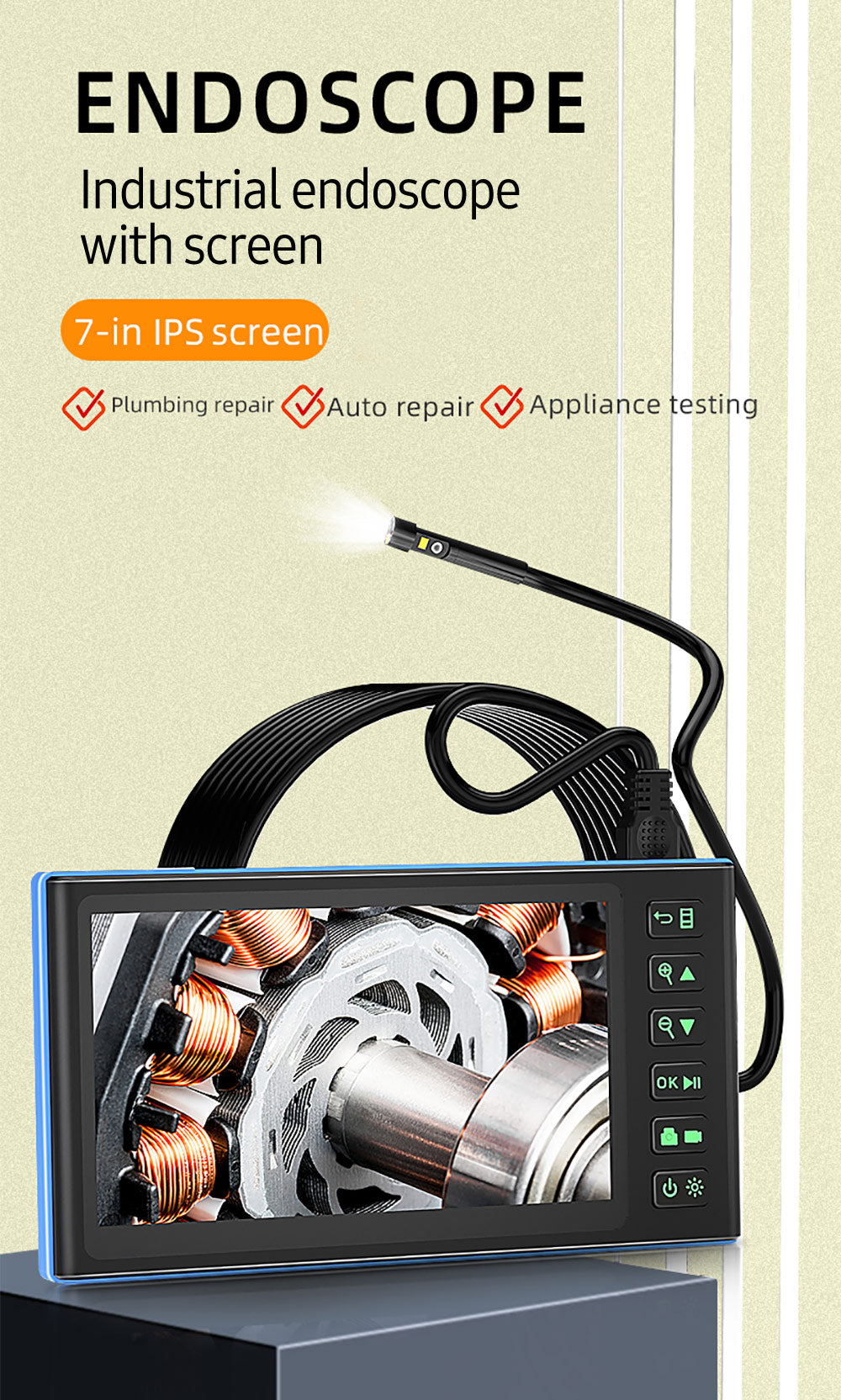 Dual Camera Endoscope with 7-inch IPS Color Screen Borescope with 7 LED Lights 1080P Photos Videos Snake Camera IP67 Waterproof 2 Million Pixels Inspection Camera with TF Card Slot