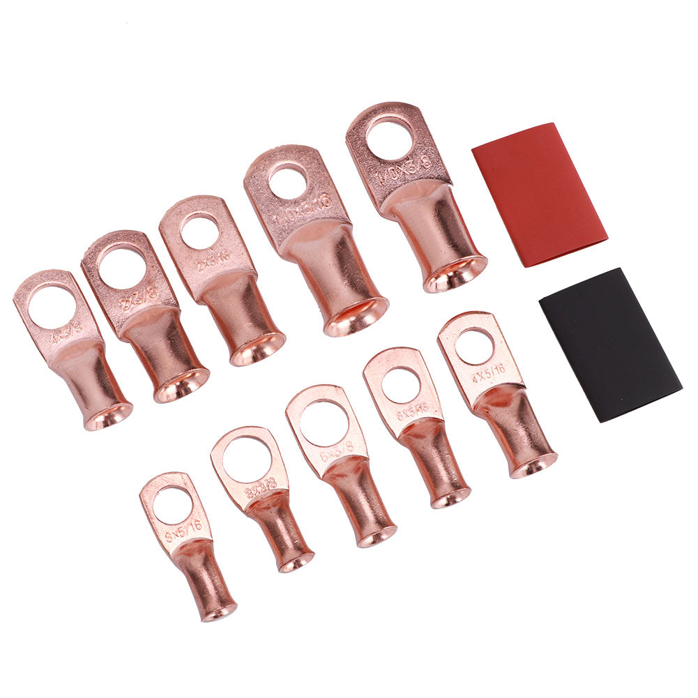100Pcs Cable Lug Kit Brass Connector AWG Terminal Black Red Heat Shrinkable H Tube 12x30mm