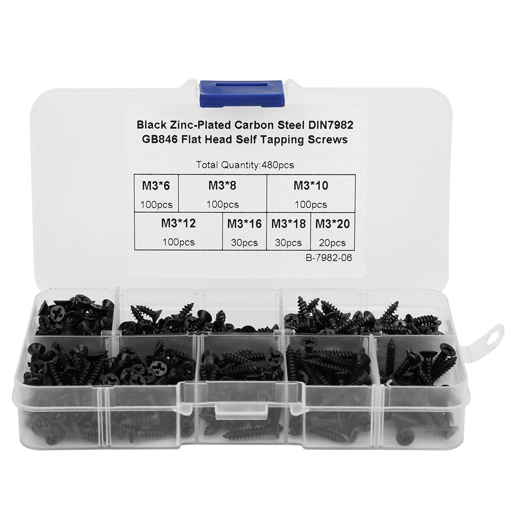 480Pcs Self Tapping Screw M3 Flat Head Cross Carbon Steel Hardware Fasteners Black Nickel Plating(Carbon Steel Black )
