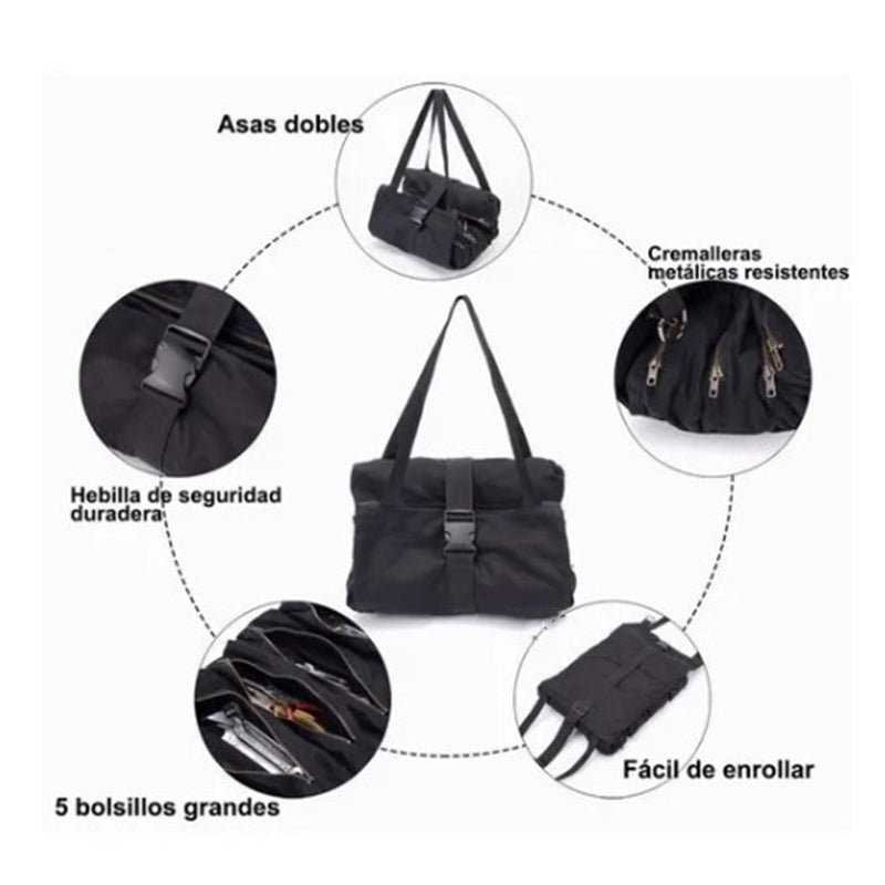 Portable Roll Up Bag with Buckle Oxford Cloth Hanging Tool Storage Bag for Hardware Automobile Parts Black