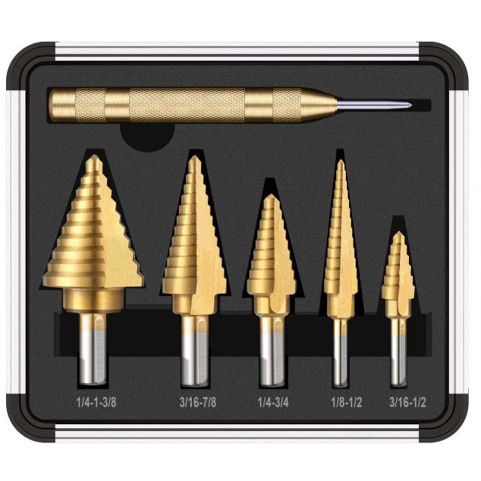 6Pcs Titanium Plated Step Drill Bit Center Punch Straight Flute Triangular Shank Imperial Pagoda Cone Drill Bit