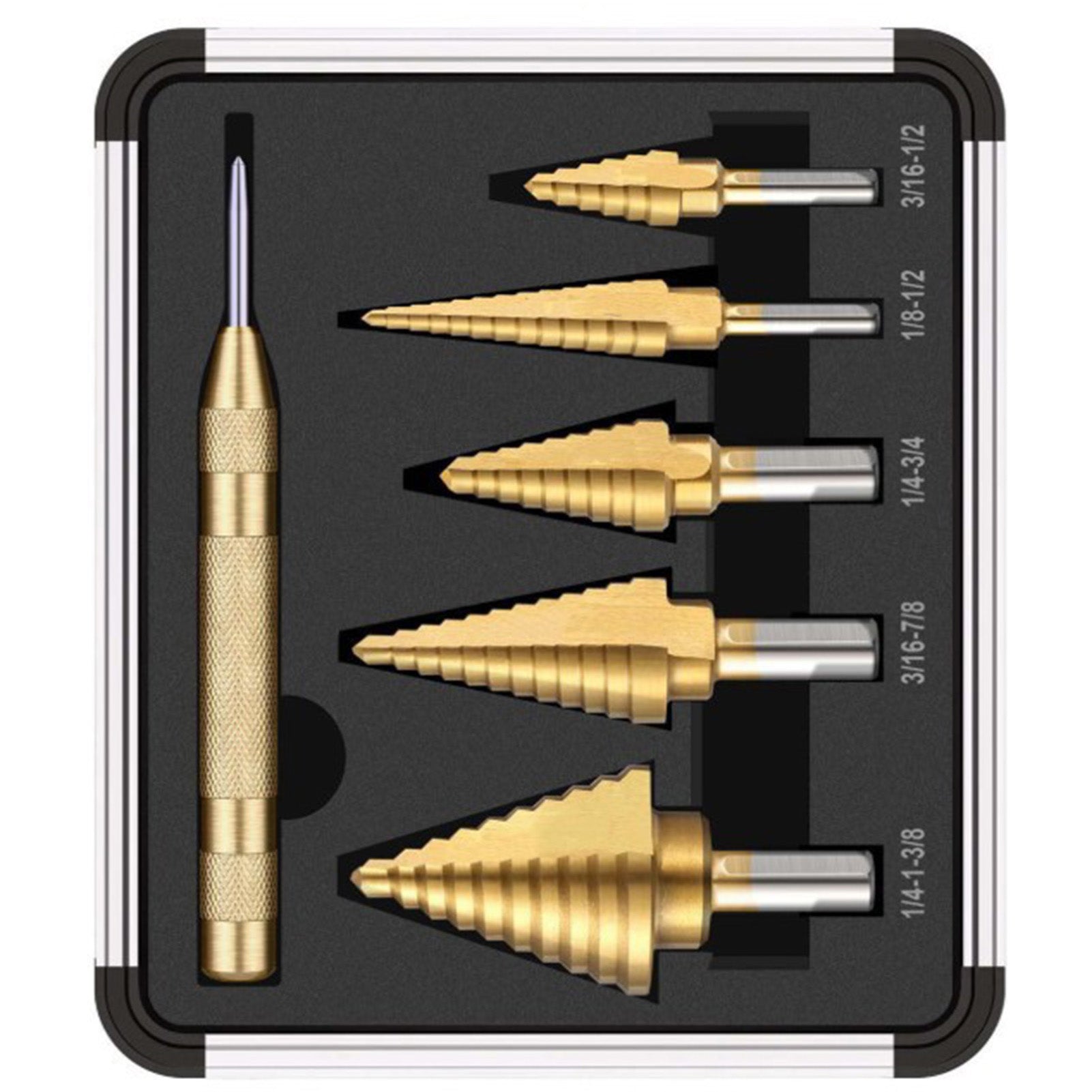 6Pcs Titanium Plated Step Drill Bit Center Punch Straight Flute Triangular Shank Imperial Pagoda Cone Drill Bit