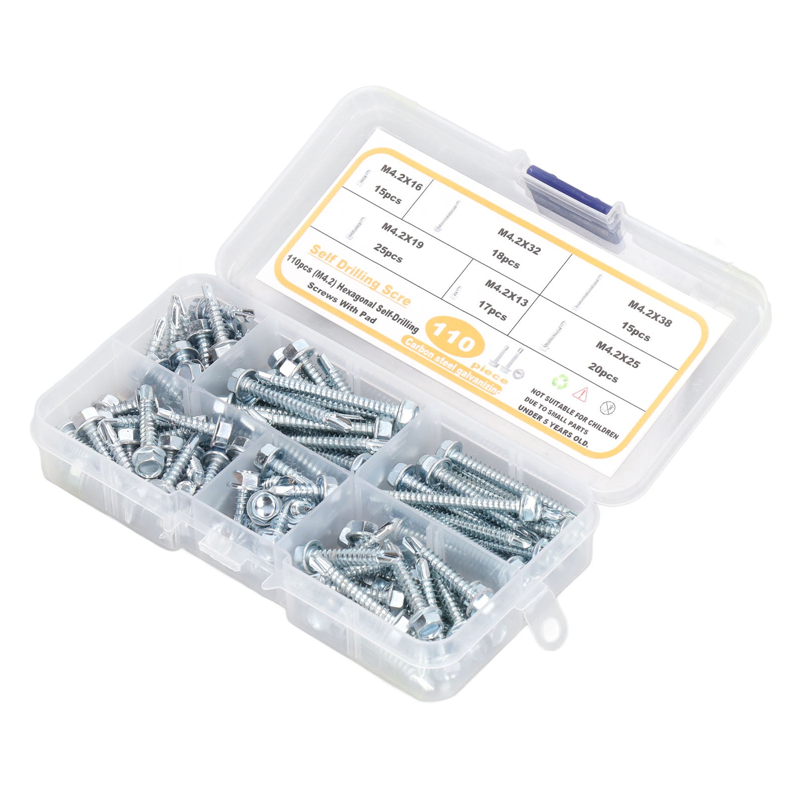 110Pcs Self Drilling Screw Hex Washer Head M4.2 6 Sizes Fastener Assortment Set Kit