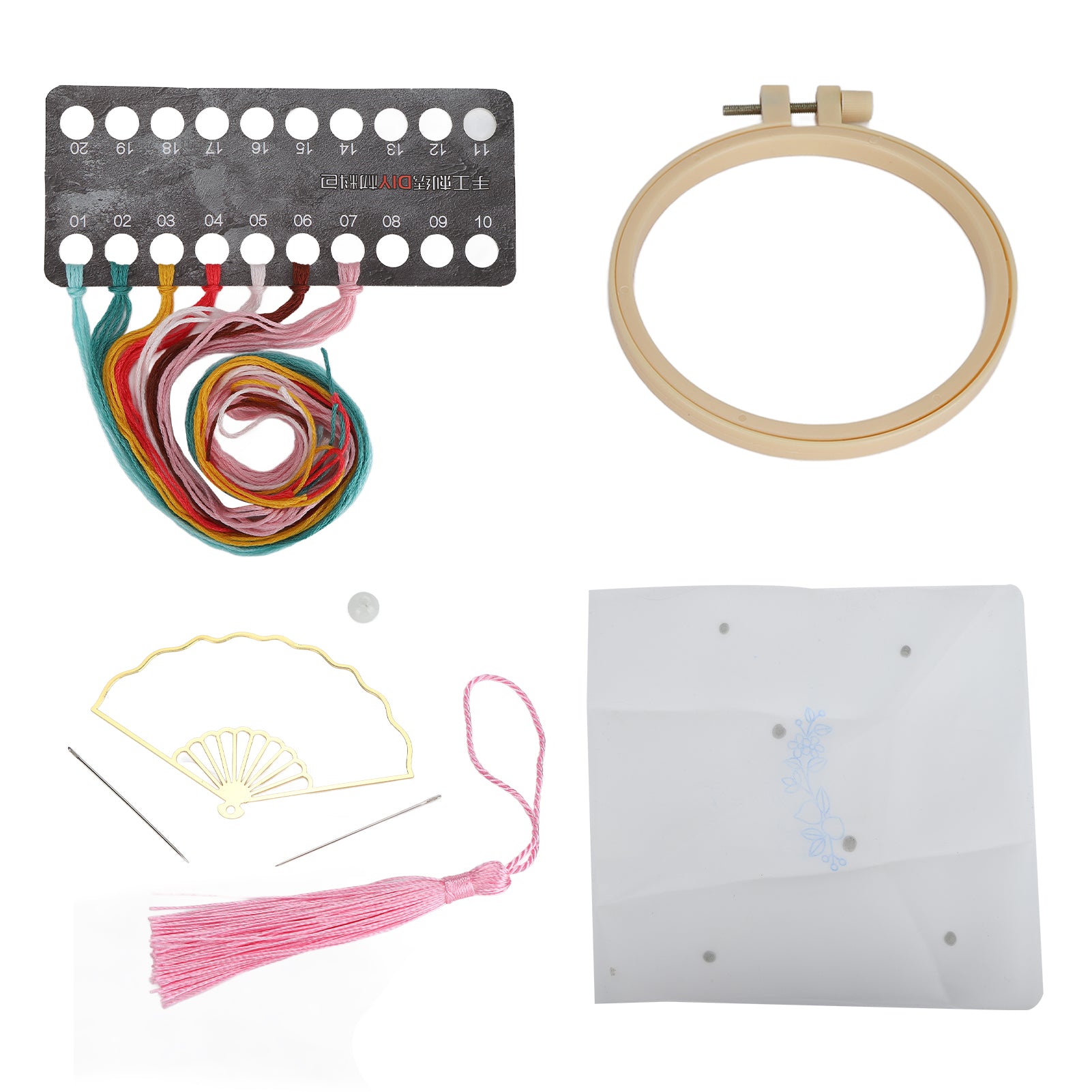 Embroidered Bookmark Fan Shape Flower Pattern DIY Embroidery Kit for Beginner DIY Craft Keychain Pendant