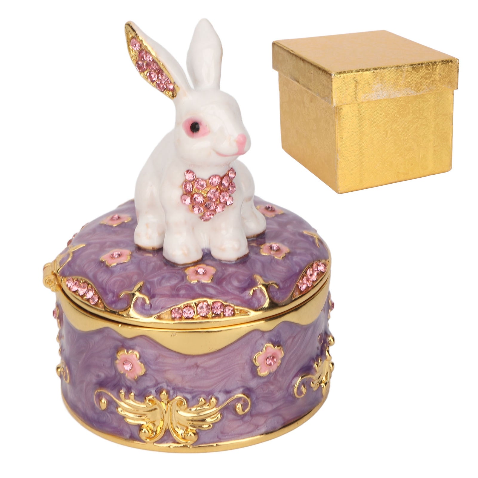 Rabbit Trinket Box Vintage Metal Enamel Antique Floral Engraving Pattern Earrings Rings Necklace Jewelry Storage Box