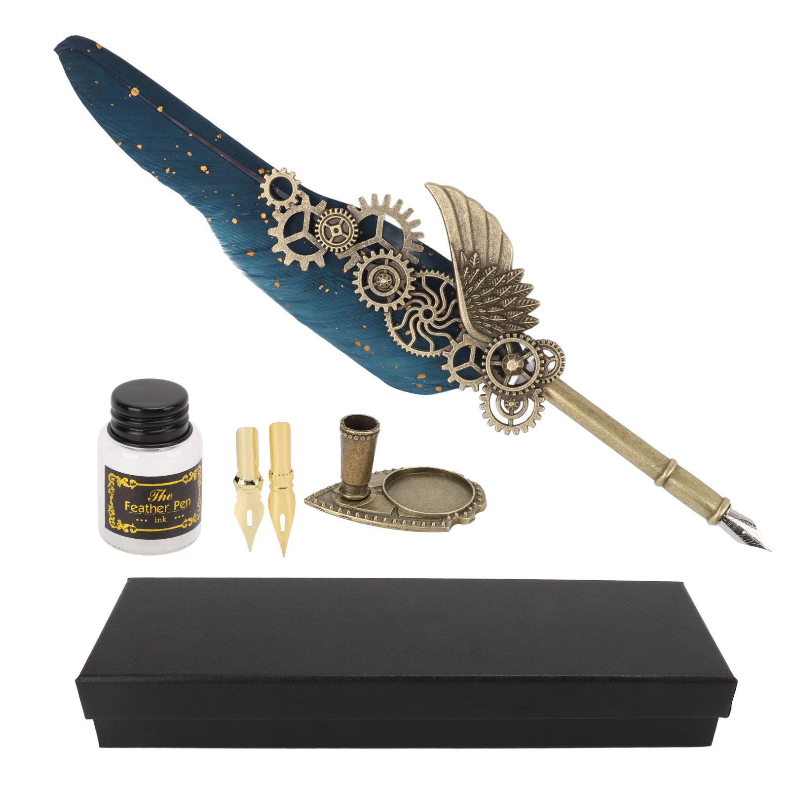 Quill Pen and Ink Set Vintage Style Glossy Writting Stainless Steel Nib Wear Resistant Durable Delicate Texture Quill PenDark Blue Quill