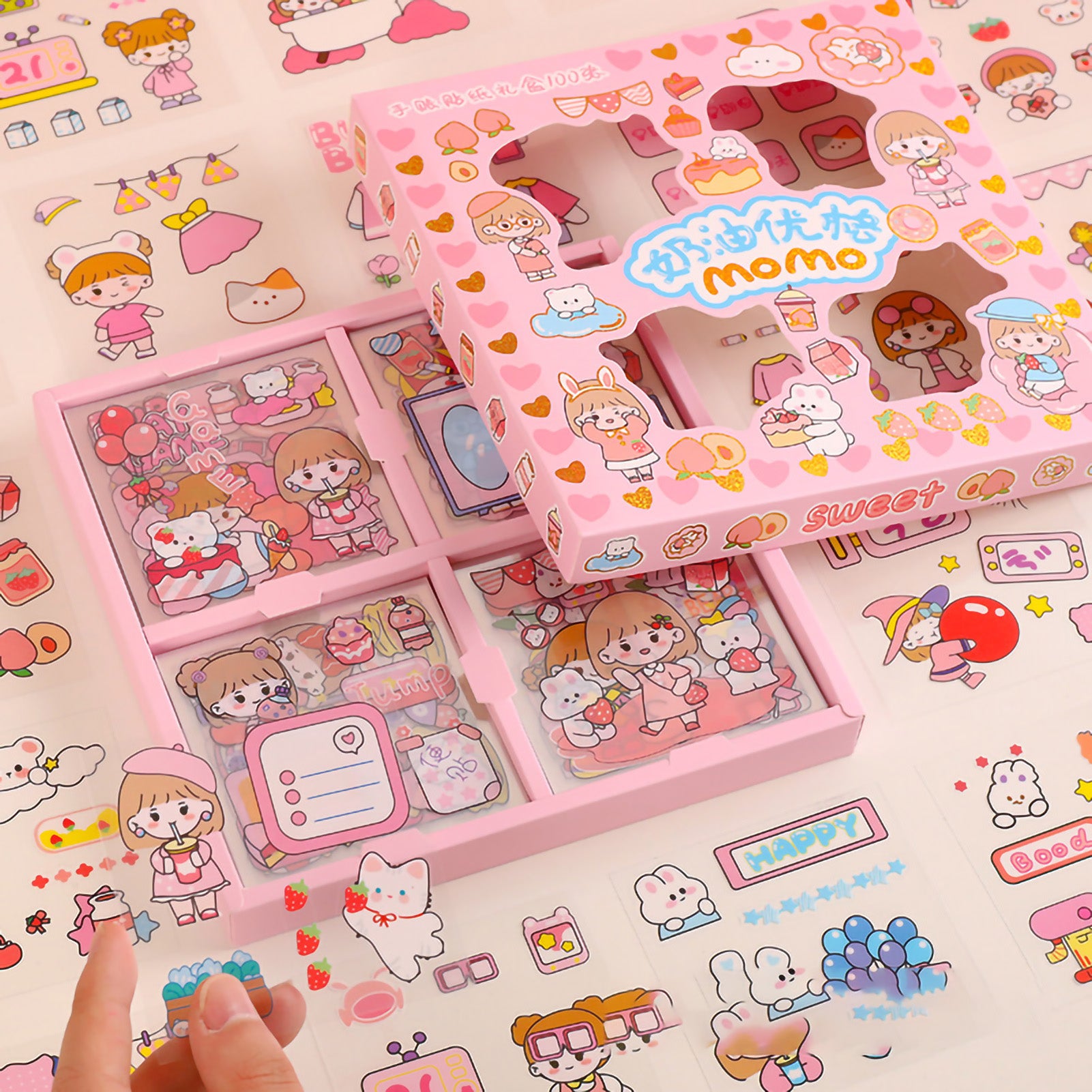 Notebook Sticker 100 Pieces Delicate Cute Cartoon Pattern DIY Boxed Stickers for Scrapbooking Diary Cards Crafts Pink Cream Yogurt(PET Waterproof)