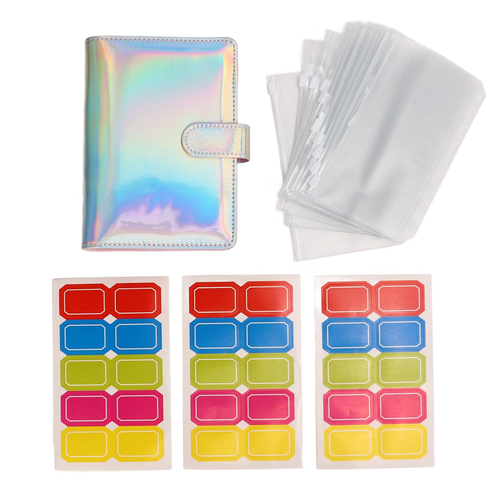 A6 PU Leather Budget Binder with 6 Holes Zip Pockets Stickers Replacement Inner Core Writable Label Cash Budget Binder Silver