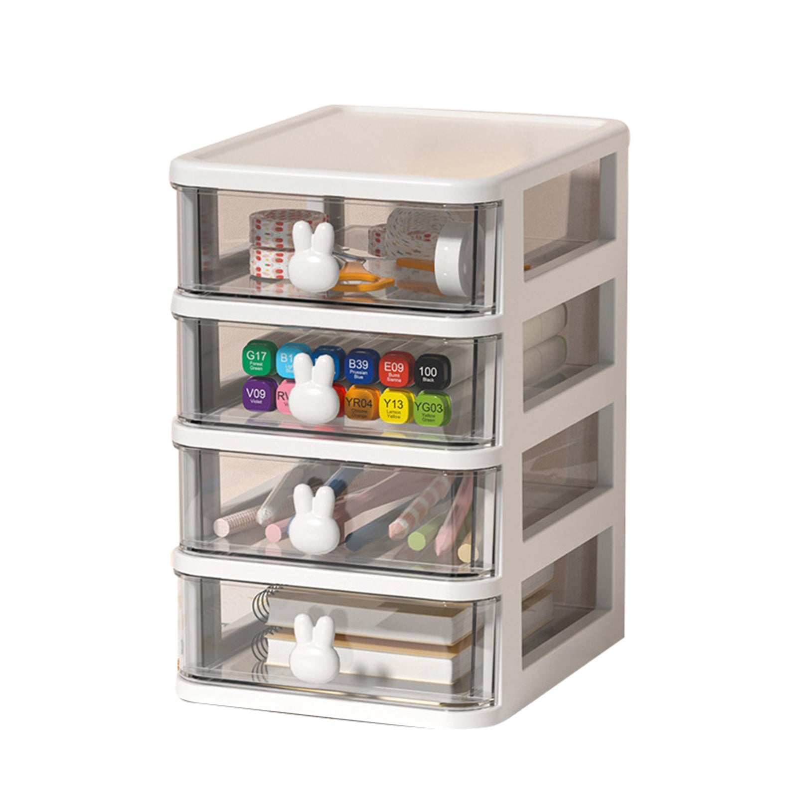 Desk Storage Box Multi Tier Transparent Plastic Large Capacity Bunny Handle Small Drawer Organizer for Book Pen Office White, 4 Tier(13.4x17x21cm)