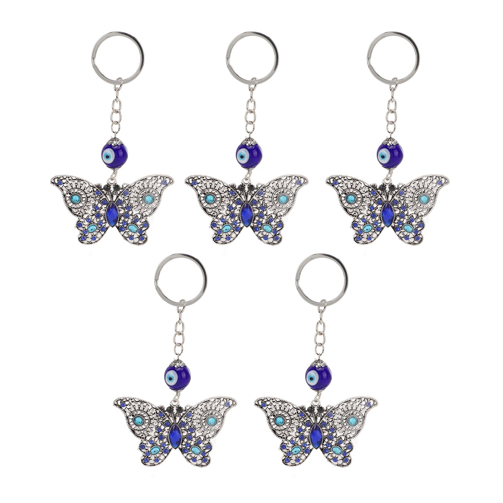 5Pcs Rhinestone Keychain Handcrafted Exquisite Beautiful Shiny Butterfly Shape Evil Eye Keychain Decoration