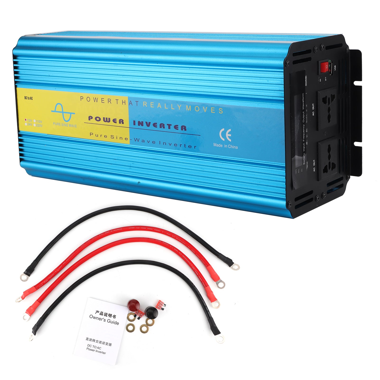LCD USB Power Inverter Super Power Pure Sine Wave 2 Universal Plugs Dual Fan for Heat Dissipation 8000W(DC12V to AC220V 50+/3Hz )