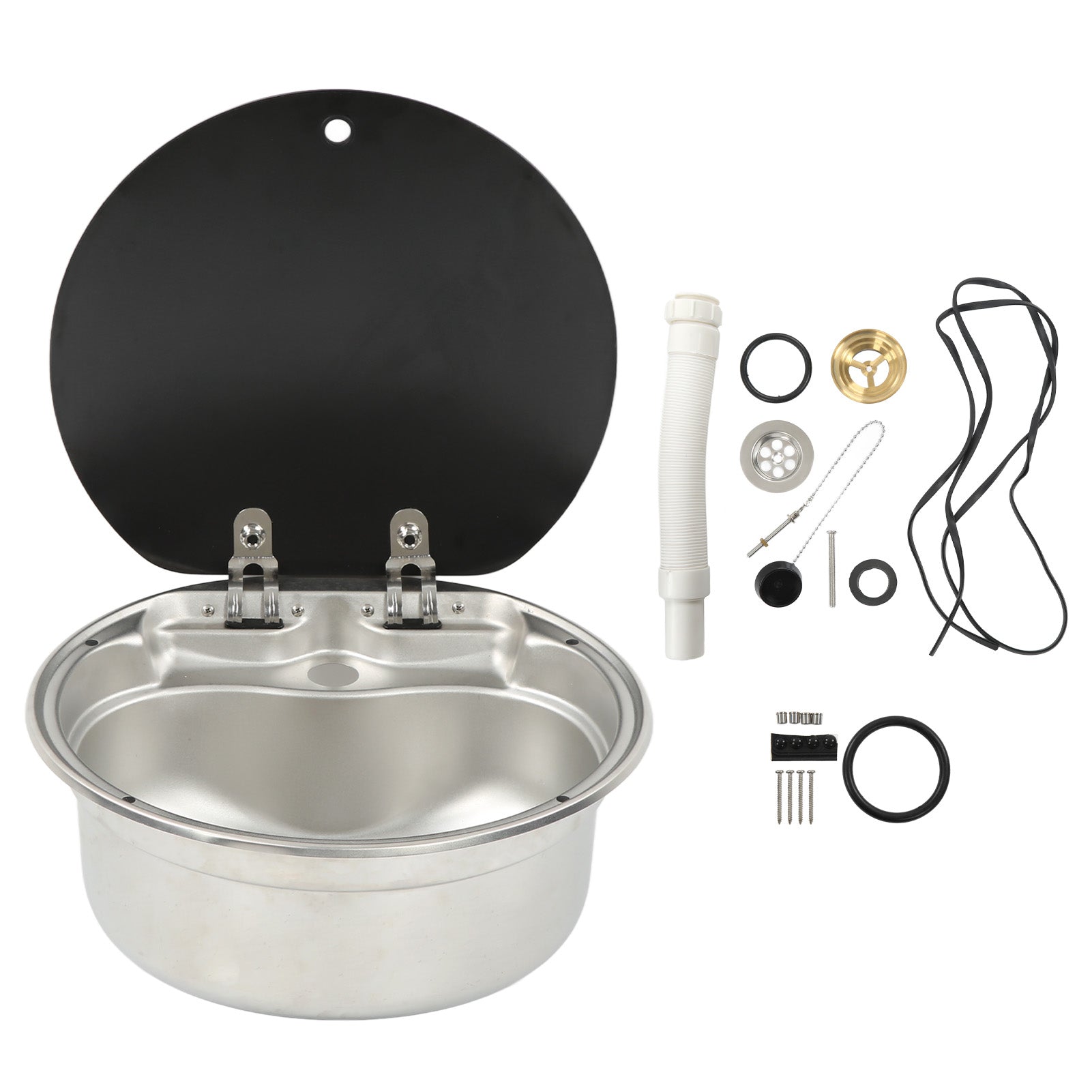 RV Sink Single Bowl Stainless Steel Hand Wash Basin Sink with Tempered Glass Lid for Caravans Campers Boats
