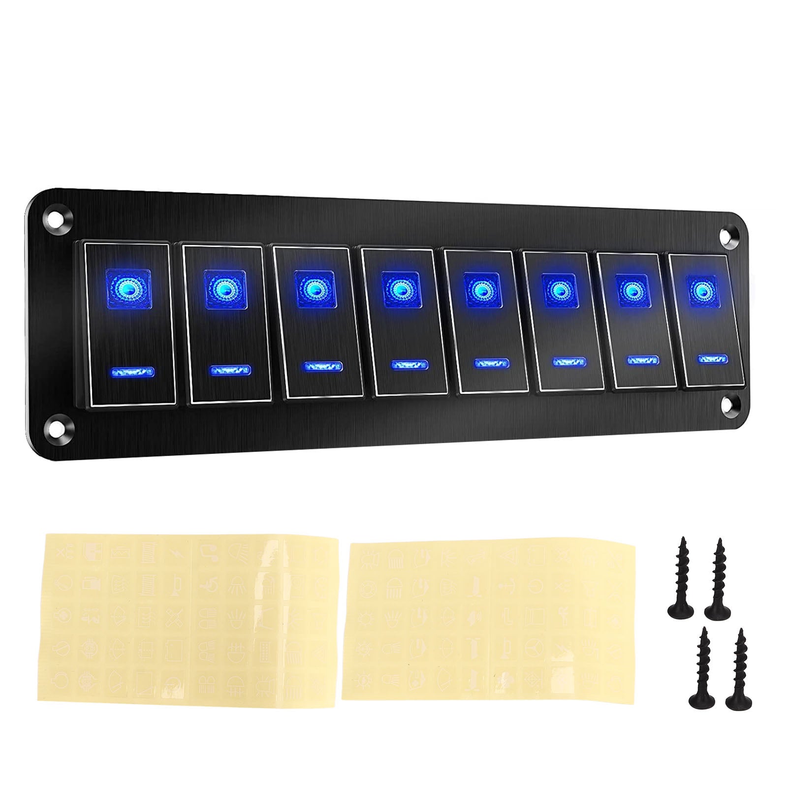 8 Gang RV Aluminum Toggle Switch Panel DC12V to 24V Waterproof Oxidized Black 20A 5PIN Blue LED Light for Car Yacht