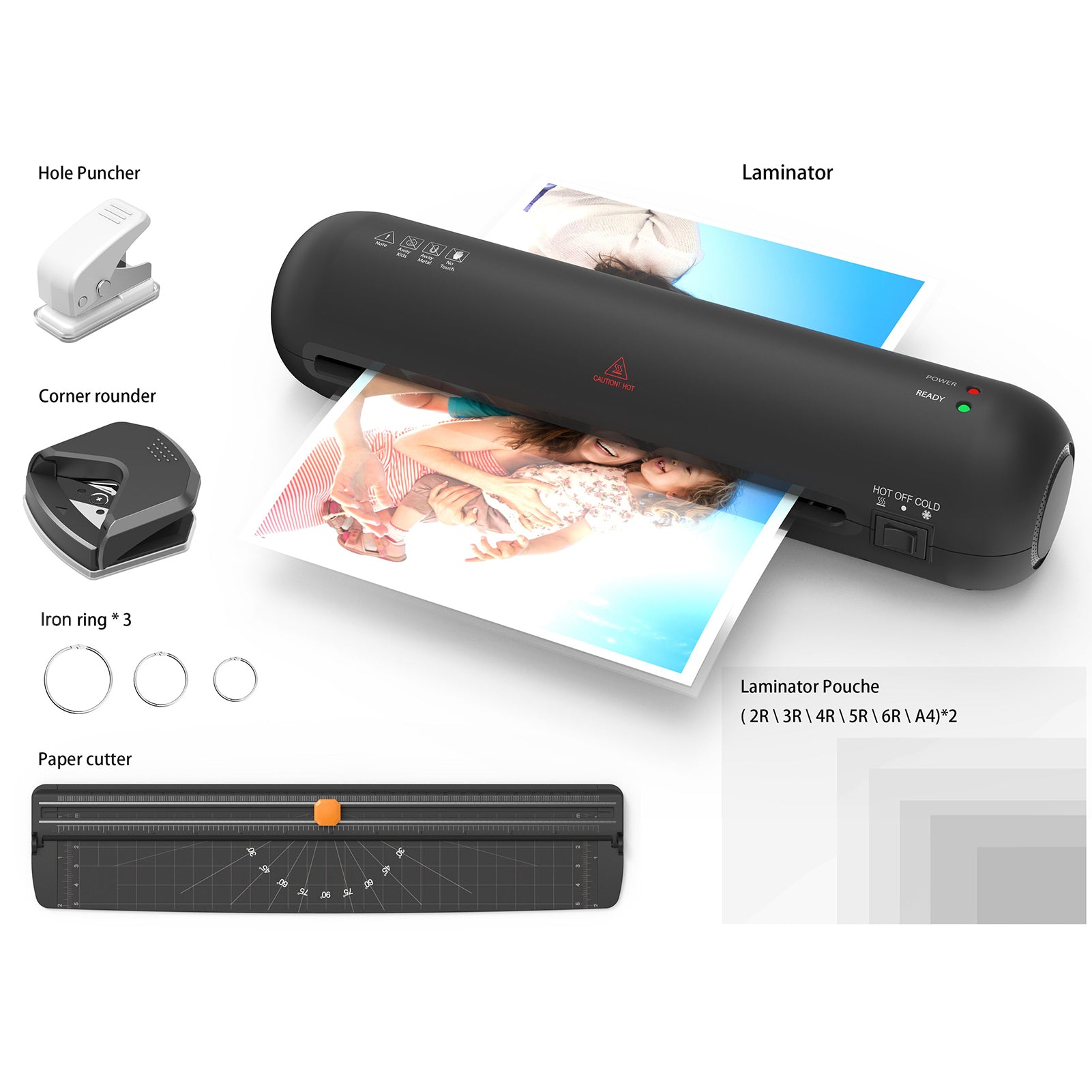 Desktop Laminator Machine Set A4 Size Hot and Cold Lamination 2 Roller System 9 inches Max Width with Paper Cutter Trimmer Rounder Hole Puncher Binding Hoop Suitable for A4 230mm Laminating Pouches for Home Office School Supplies