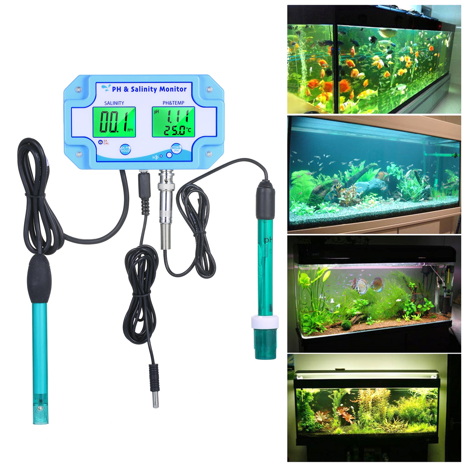3-in-1 PH/Salinity/TEMP Water Quality Monitor Multi-functional pH & Salinity Monitor Temperature Meter Dual LCD Display with Green Backlight