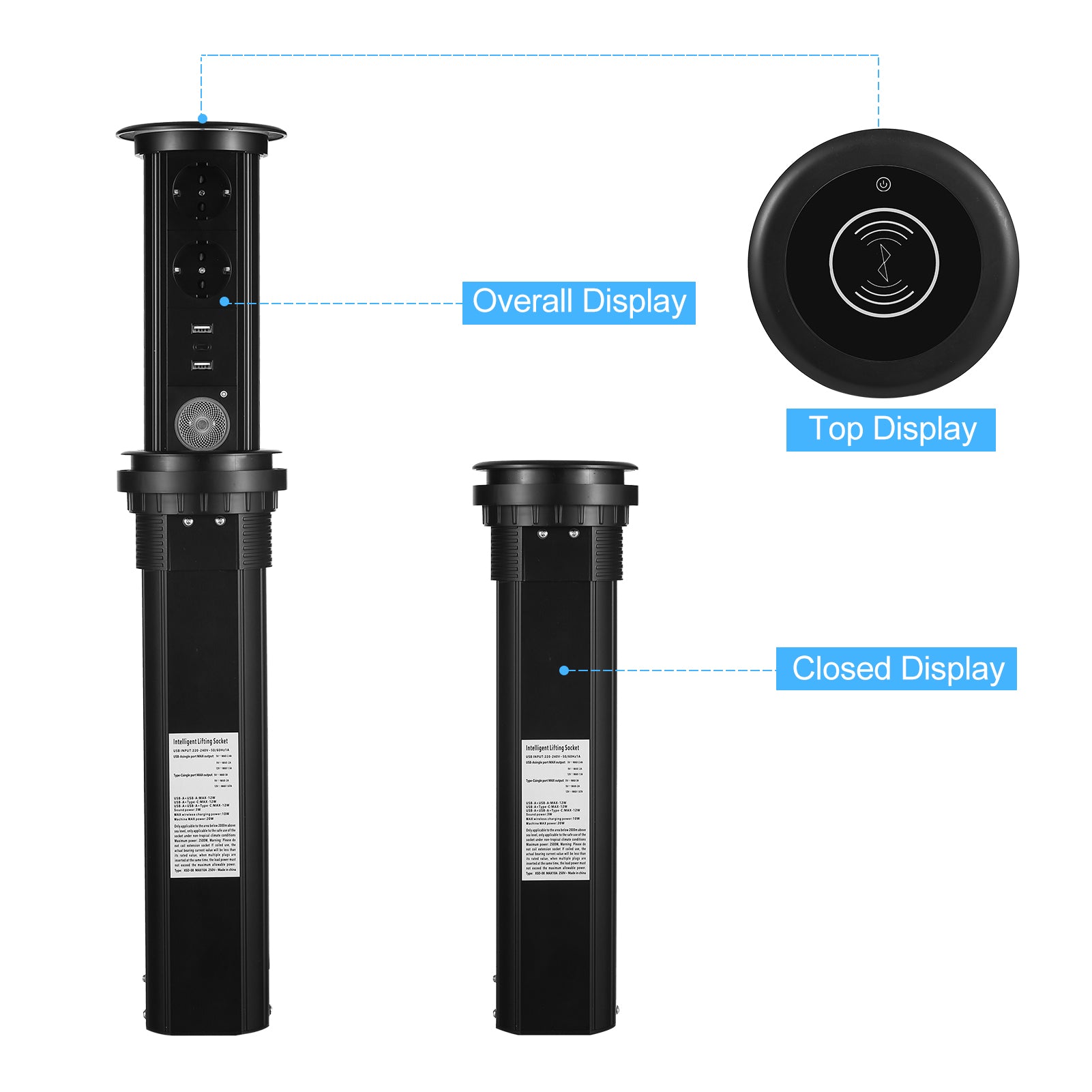 Intelligent Motorised Pop-Up Socket Surge Protector Power Strip Retractable Power Strip with USB Charging Stations for Kitchen Counter, Conference Room
