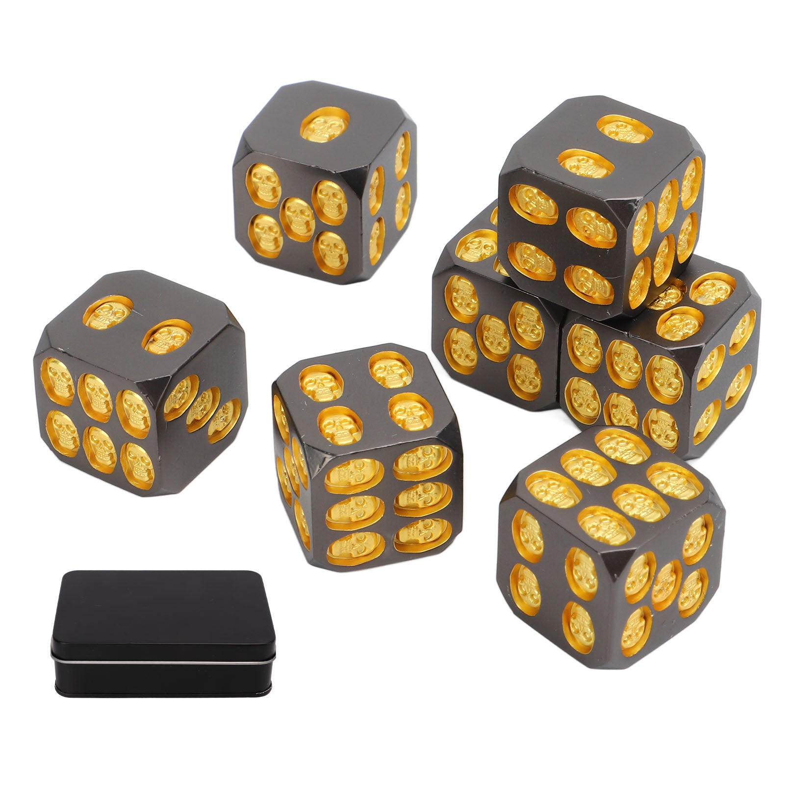 7pcs Metal Dice Set Exquisite Square Inlaid Skull Pattern Dice Board Game Props for Holiday Party Black and Gold