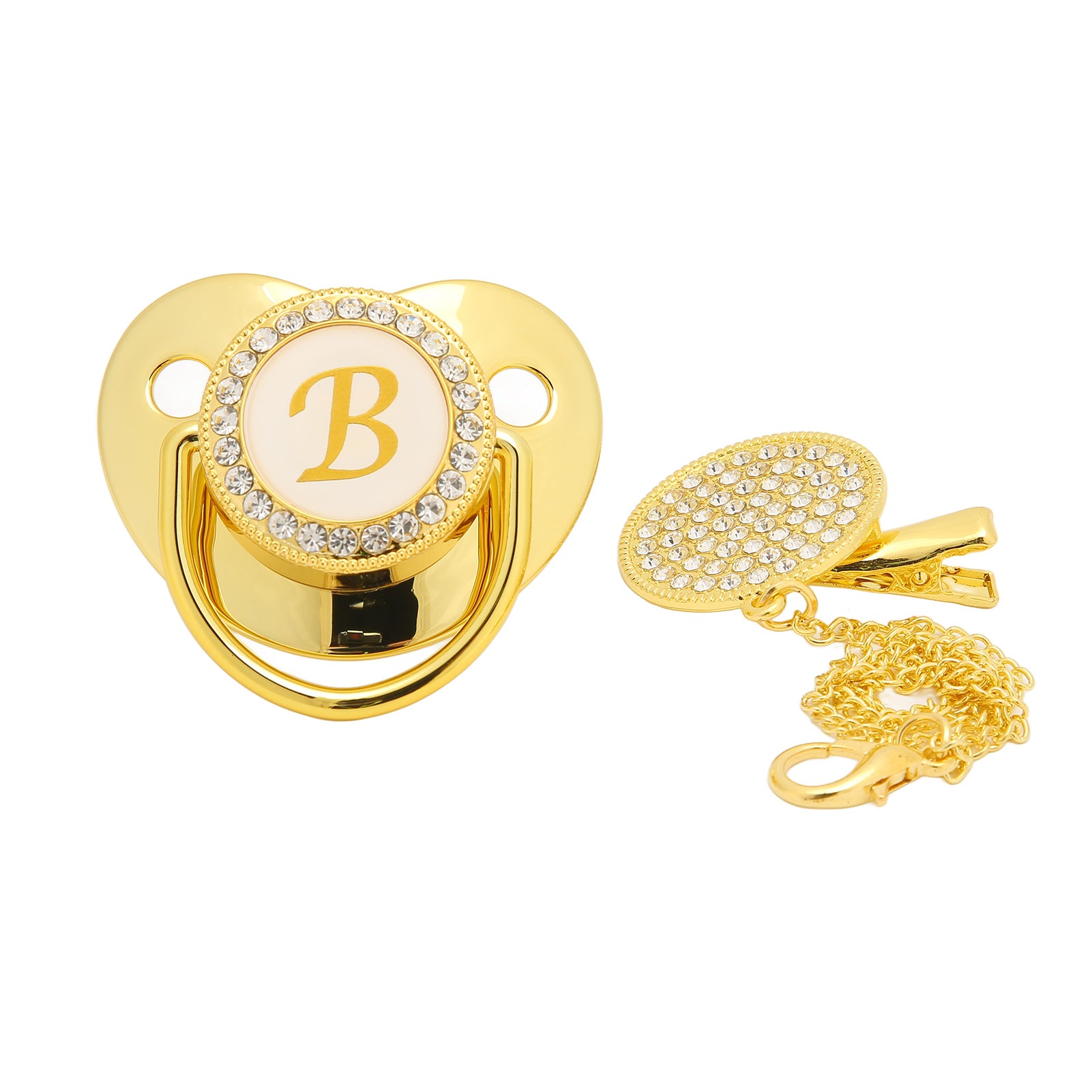 Golden Baby Pacifier Curved Design 26 Letters Safe Materials Healthy Bling Baby Pacifier with Clips for 6 to 18 Months Baby B