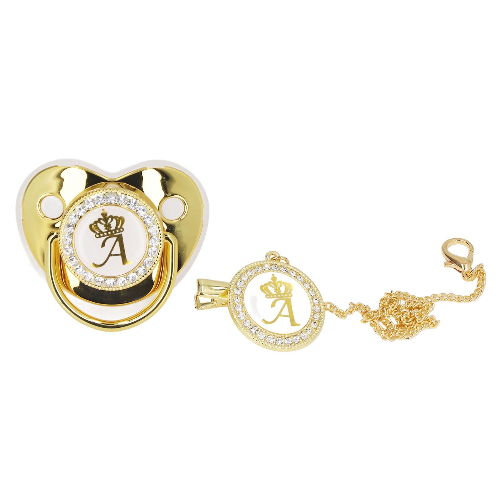 Baby Pacifier Infant Portable Exquisite Golden Crown Letter Rhinestone Pacifier with Chain Clip Letter A