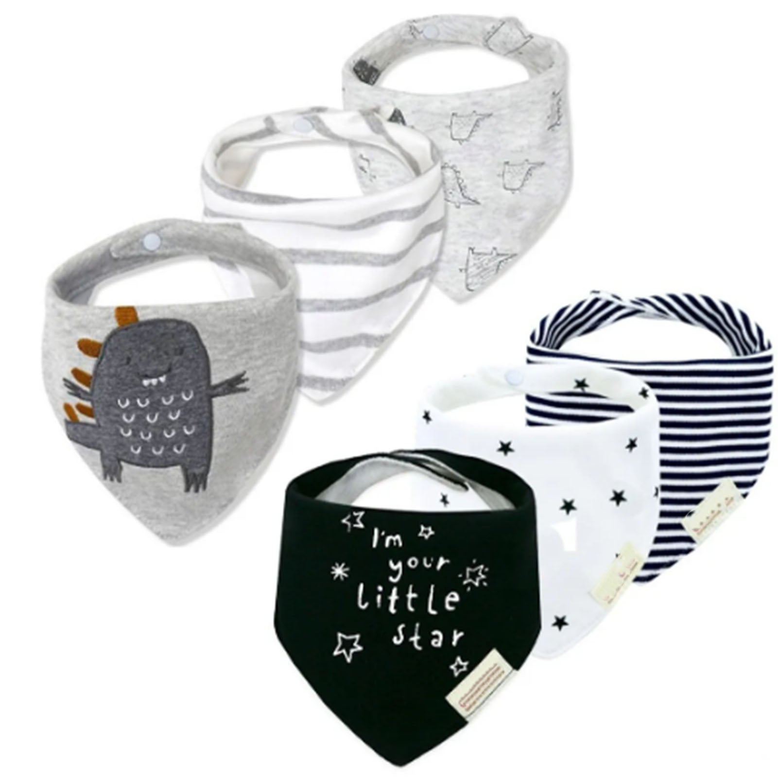6pcs Triangular Baby Bib Lovely Cartoon Skin Friendly Cotton Bib with Adjustable Buttons