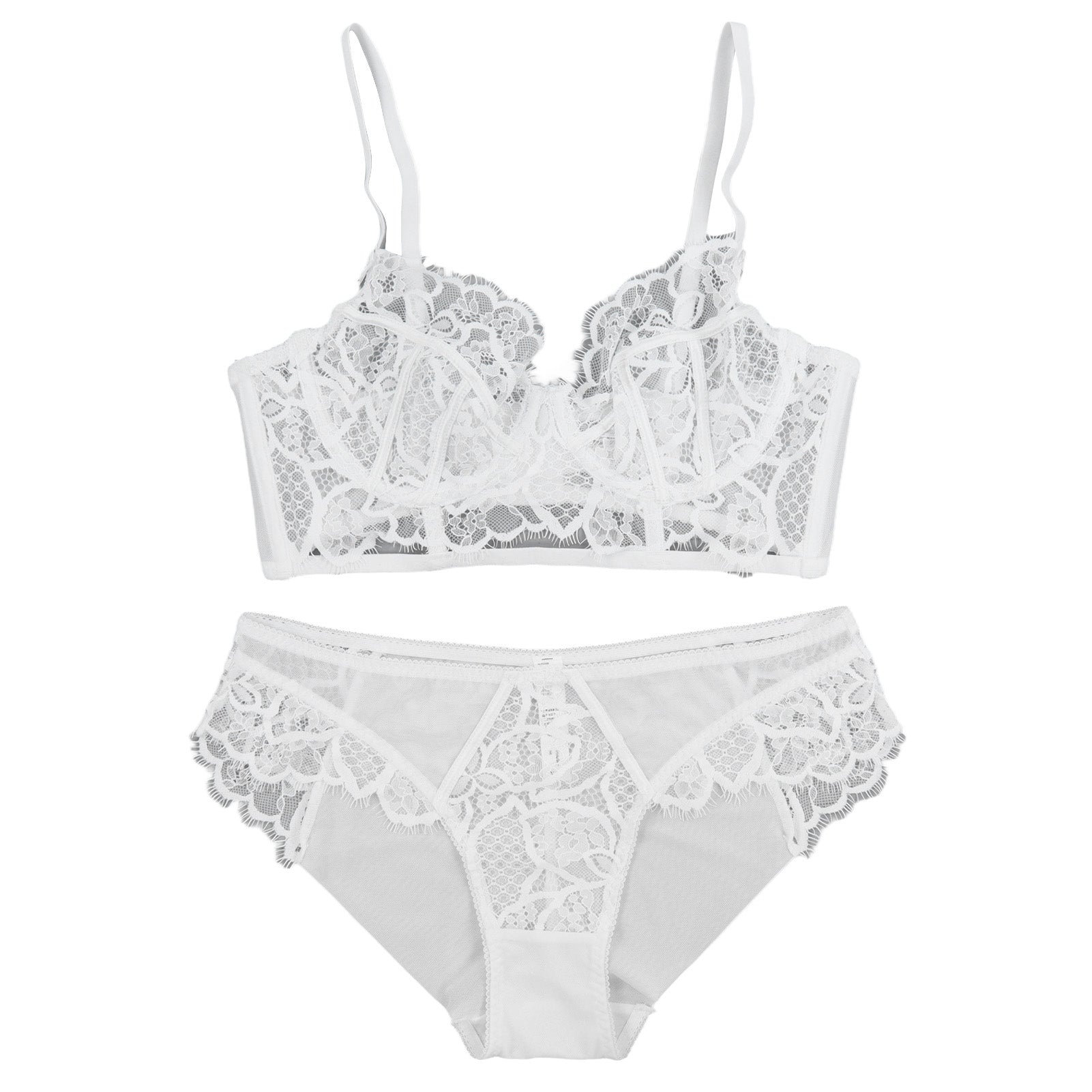 Lace Bra Set Underwear Floral Adjustable Strap V Neck Sheer Bra Panty Set for Women White 70C