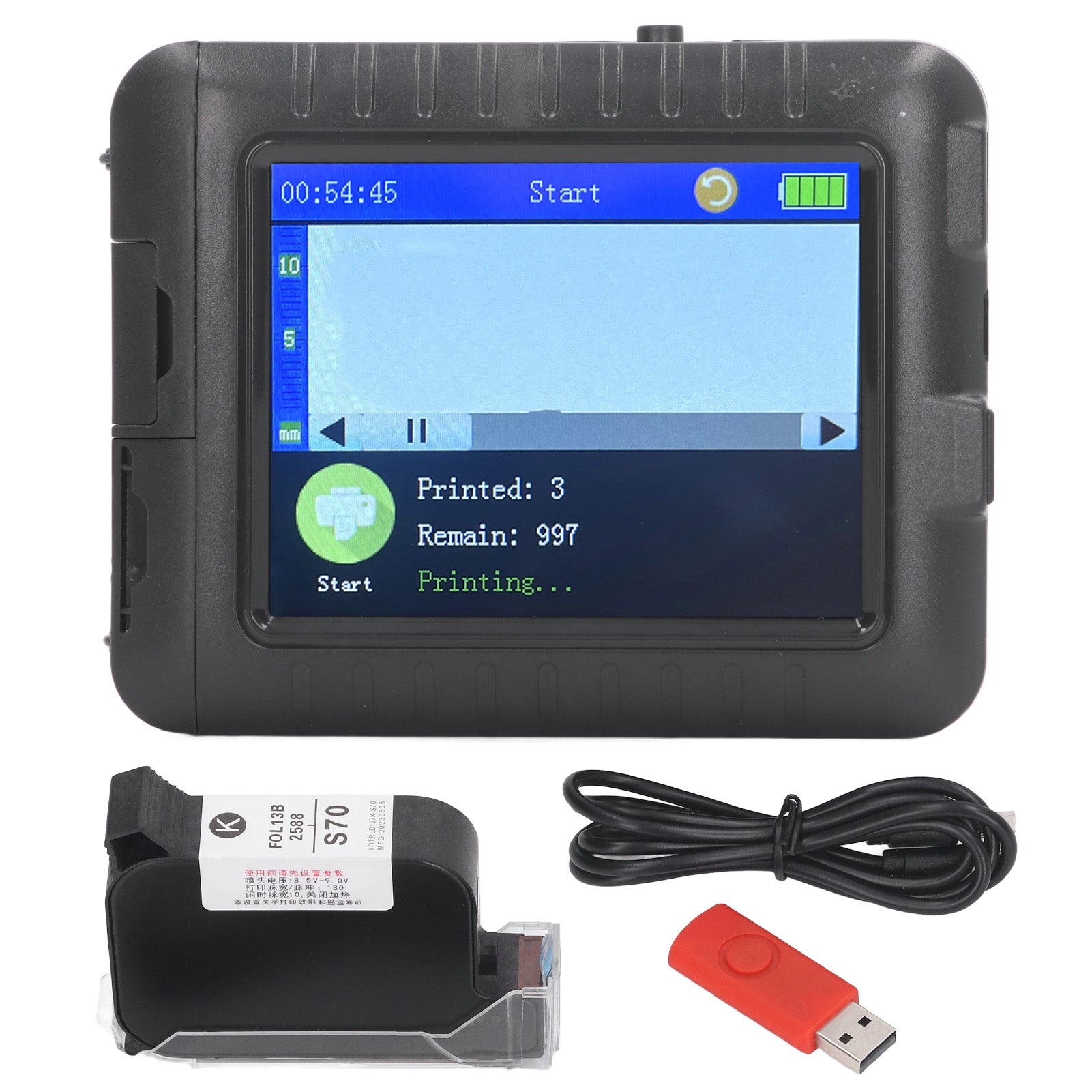 Handheld Inkjet Printer Gun Portable Mini Smart 3.5in HD Touch Screen Multi Language with Black Ink Cartridge for Label