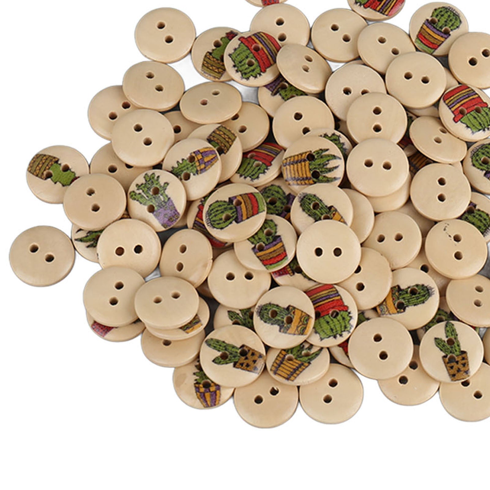 100pcs Mixed Printing Wooden Buttons 2 Holes Round Decorative Wooden Buttons for Sewing Craft Log Color Cactus