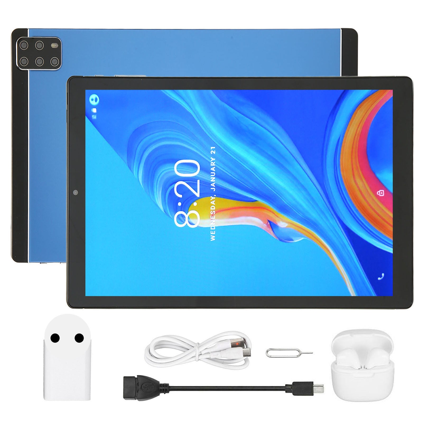 10.1 Inch Tablet for Android 12 10 Core CPU 6GB 128GB 5G WiFi 2MP 5MP 8800mAh Tablet PC with Bluetooth Earbuds 100‑240V Blue EU Plug