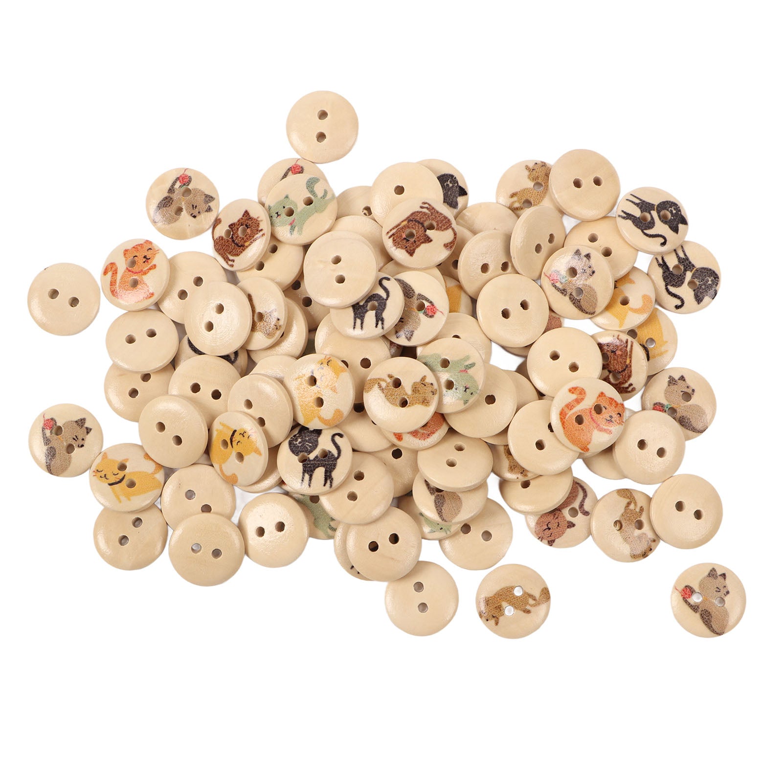 500pcs Wooden Buttons 2 Holes Round Decorative Cartoon Cat Print Assorted Wood Buttons for Kids Clothes Bag Craft 15mm Original Color Colorful Cat