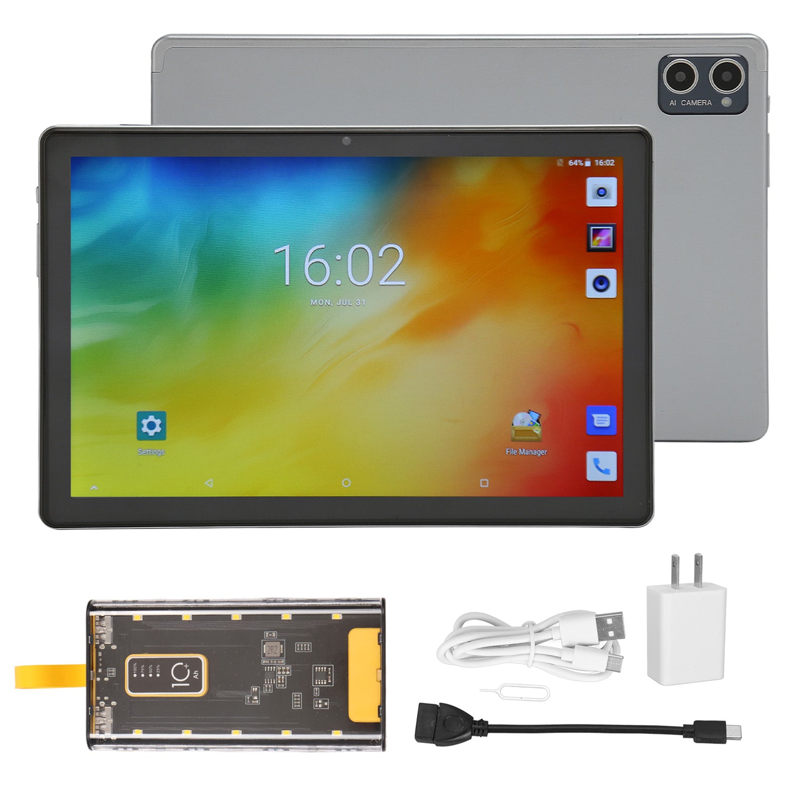 10.1 Inch Tablet for Android 12.0 4G LTE 5G WiFi 10 Core CPU Dual Camera Tablet PC with 10000mAh Mobile Power 100‑240V Grey US Plug