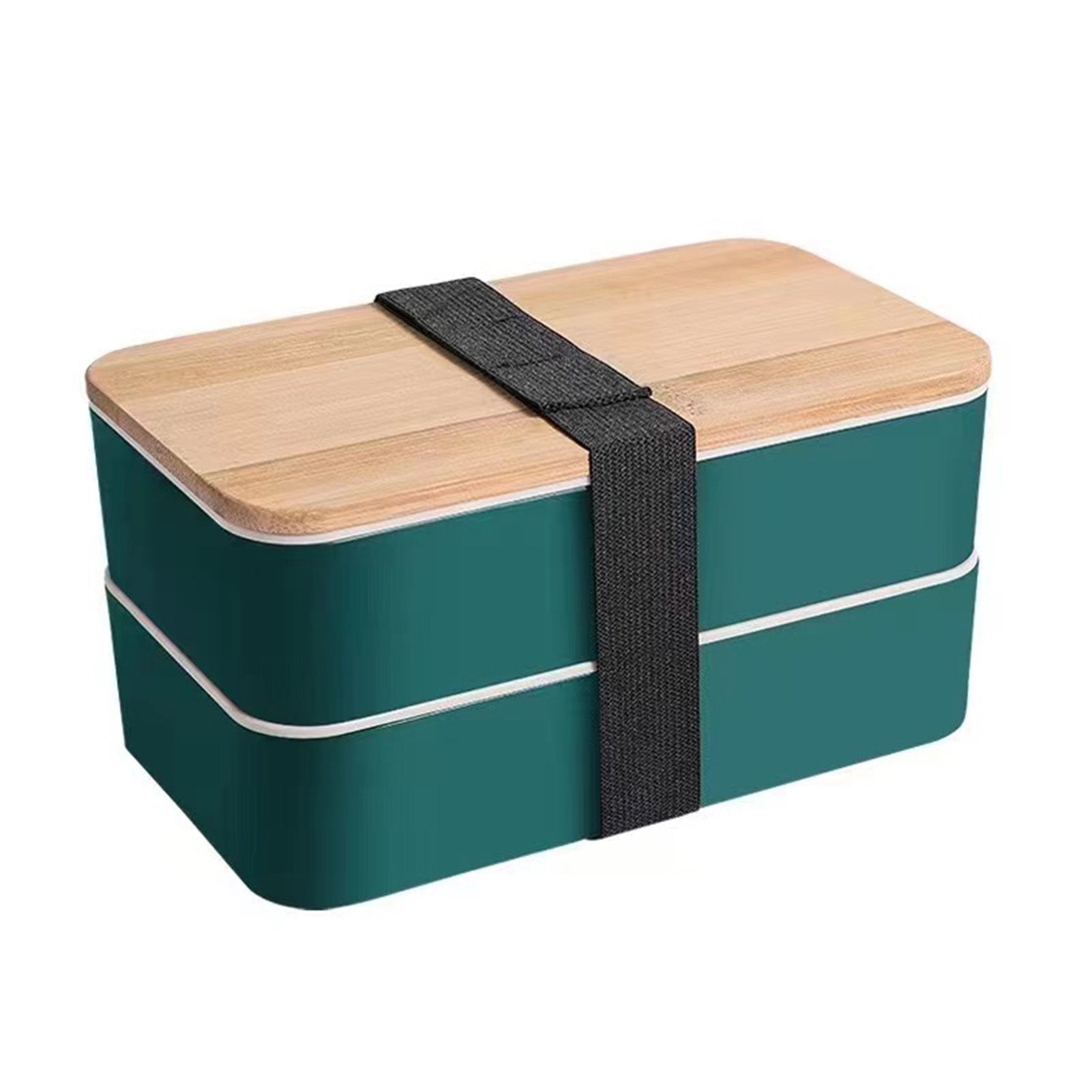 Double Layer Bento Box Multipurpose Wooden Lid Compartment Bento Lunch Box for Work School Home 1200ML Green