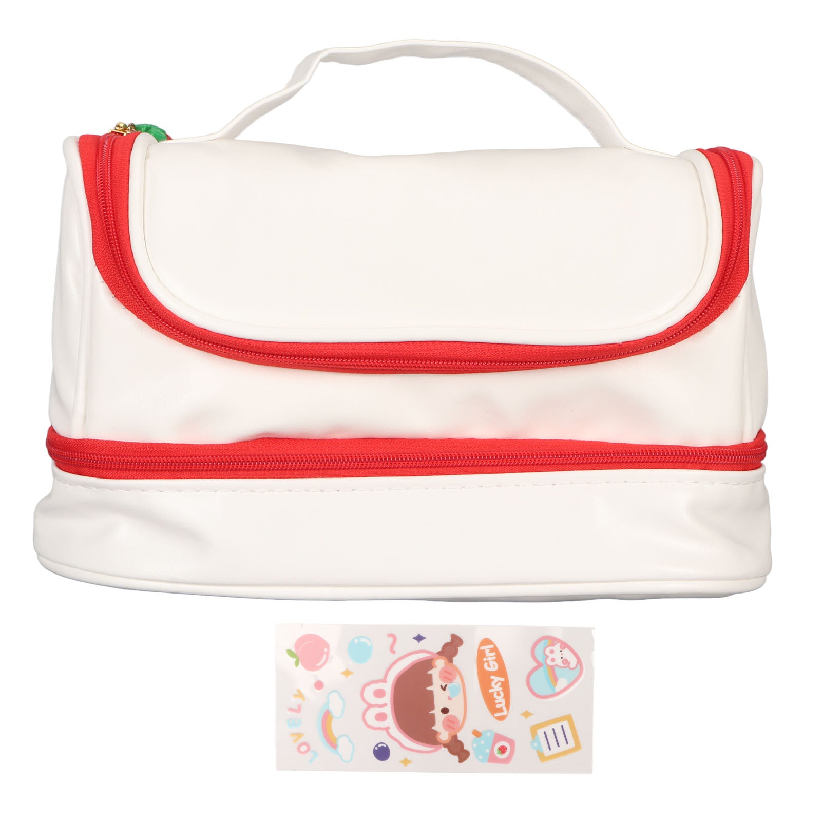 Large Capacity Pencil Case Organizer Big Pouch 2 Layer Handheld Pen Bag Red with Sticker