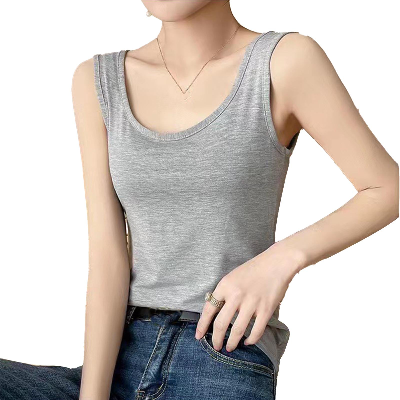 Women Tank Top Soft Breathable Camisole Wide Strap Sleeveless Pure Color Tank Top for Spring Summer Grey M