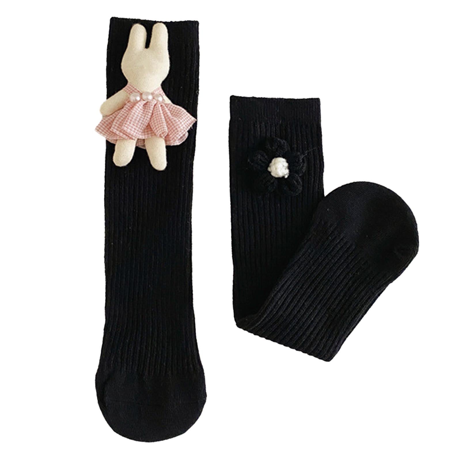 1 Pair Kids Cute Calf Socks with Doll Breathable Combed Cotton Comfortable Girls Mid Calf Socks for Travel Black Rabbit