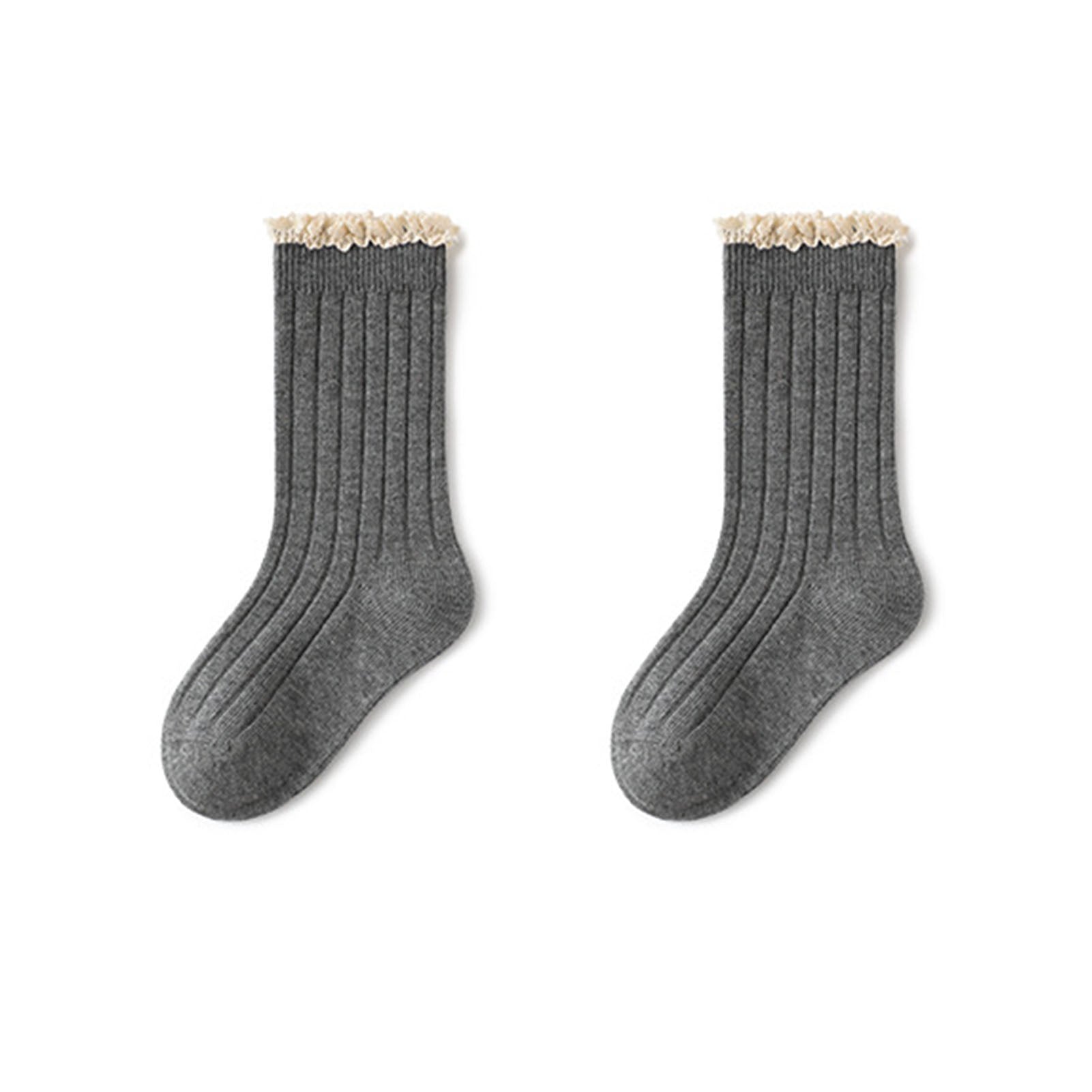 Girl Socks Mid Calf Lace Trim Seamless Breathable Pure Color Cotton Kids Socks for Spring Autumn Dark Gray XL Sole Length 18cm/7.1in (for 9‑12 Years Old)