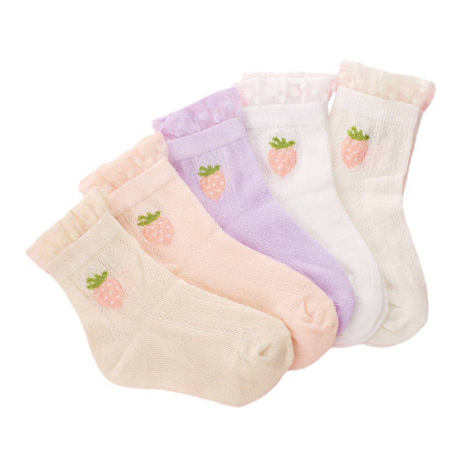 5 Pairs Girls Breathable Mesh Socks Cartoon Strawberry Mesh Cute Cotton Sports Short Socks Pure Color with Strawberry M ( 4‑6 Years Old, 5.51 ~ 6.3in Foot Length)