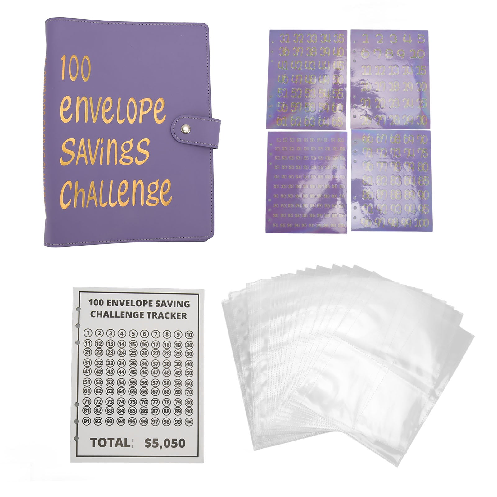 Money Saving Binder Waterproof PU Leather A5 Budget Binder with 100 Cash Envelope for Kids Adults Purple