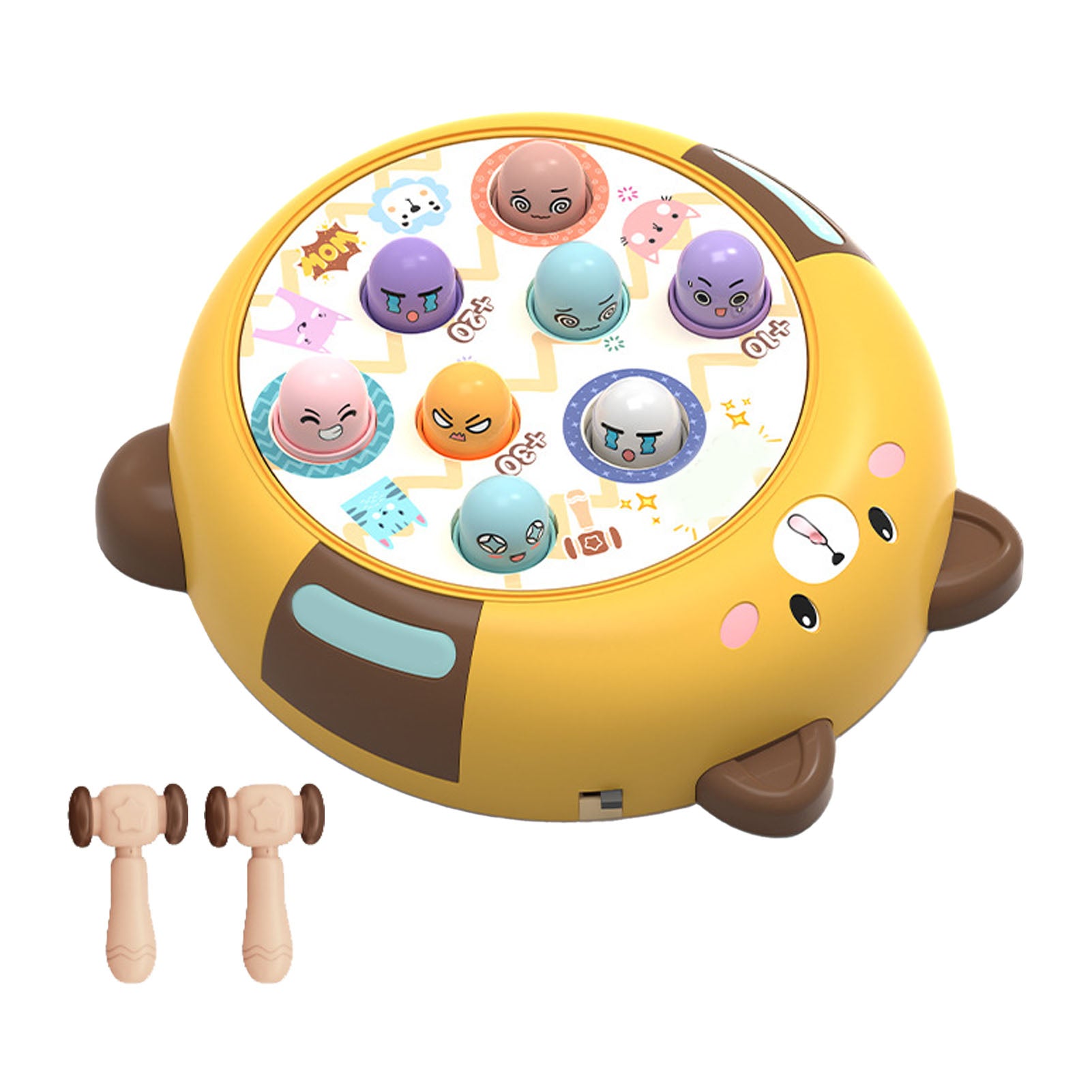 Interactive Whack Toy for Kids 360 Degree Rotating Cute Emoticon Music Light Hammering Pounding Toy Yellow