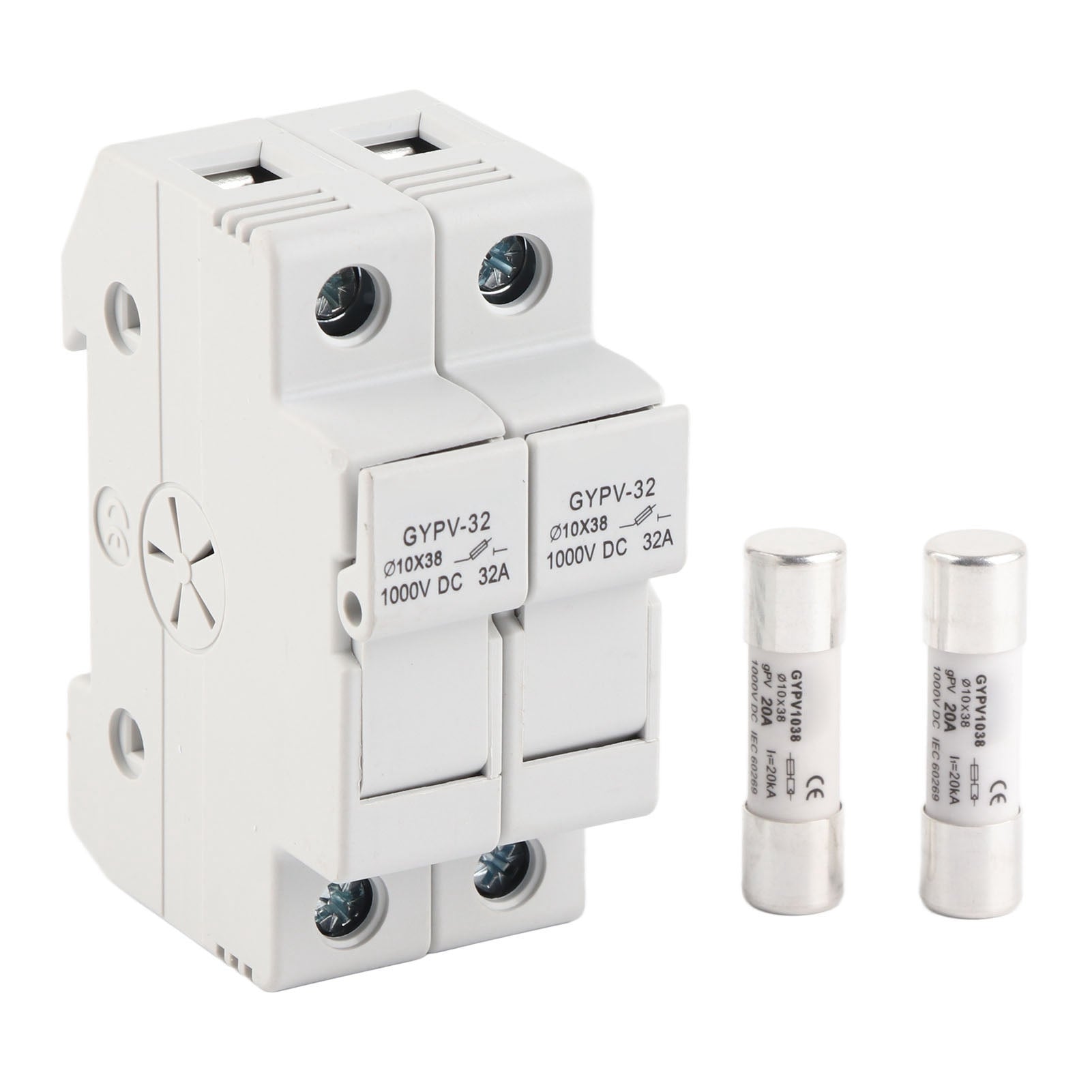 2P 32A PV Fuse Holder with 2PCS 20A Photovoltaic Fuses for Power Generation System 1000VDC