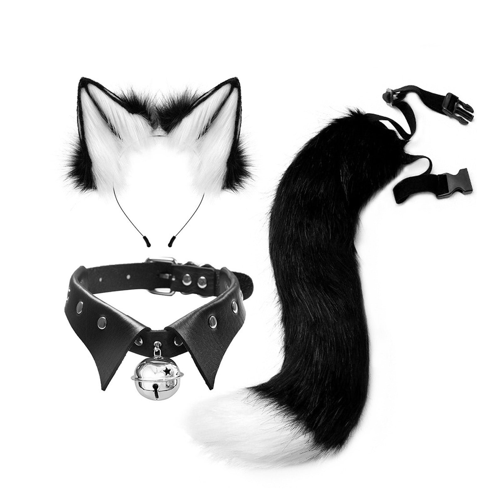 Faux Fur Wolf Fox Tail Ears Hair Clips Neck Collar Set Cat Ears and Wolf Fox Animal Tail Cosplay Costume Halloween Anime Cosplay Party Costume Black White