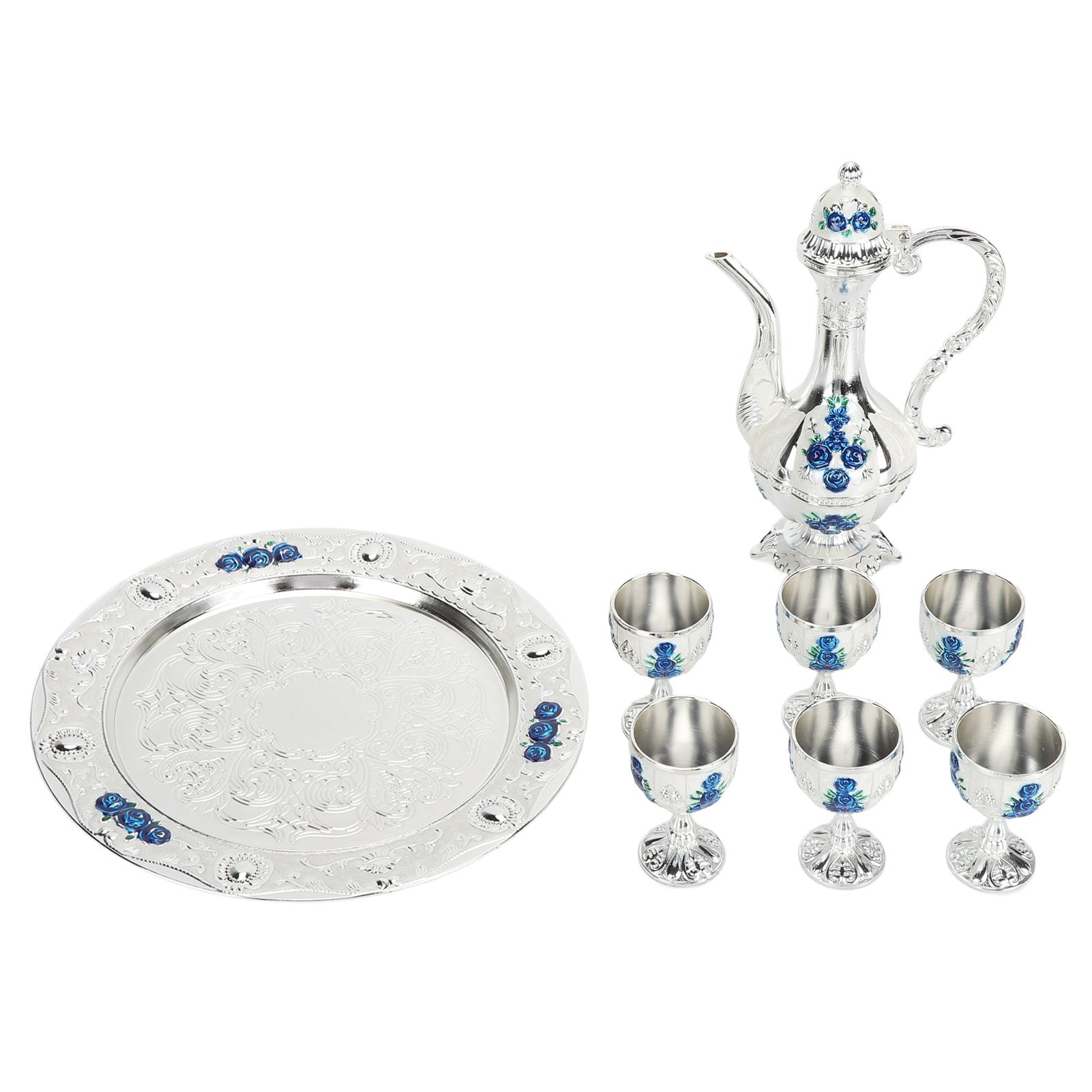 Alloy Wine Glass Pot Set Rustproof Exquisite Decorative Retro Metal Wine Glasses Pot Set for Home Party Wedding Silver White Blue