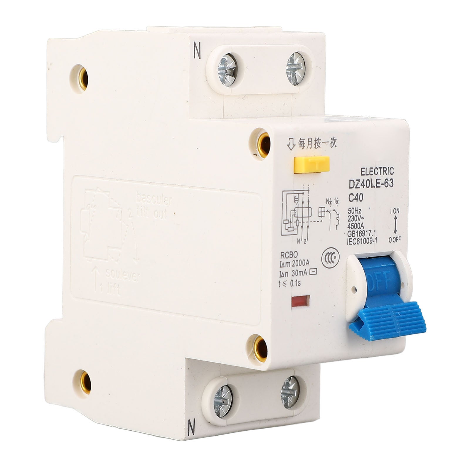 DZ40LE 63 Leakage Circuit Breaker  PC Flame Retardant Rail Mounting Single Handle Circuit Breaker 1p+N Leakage Protector