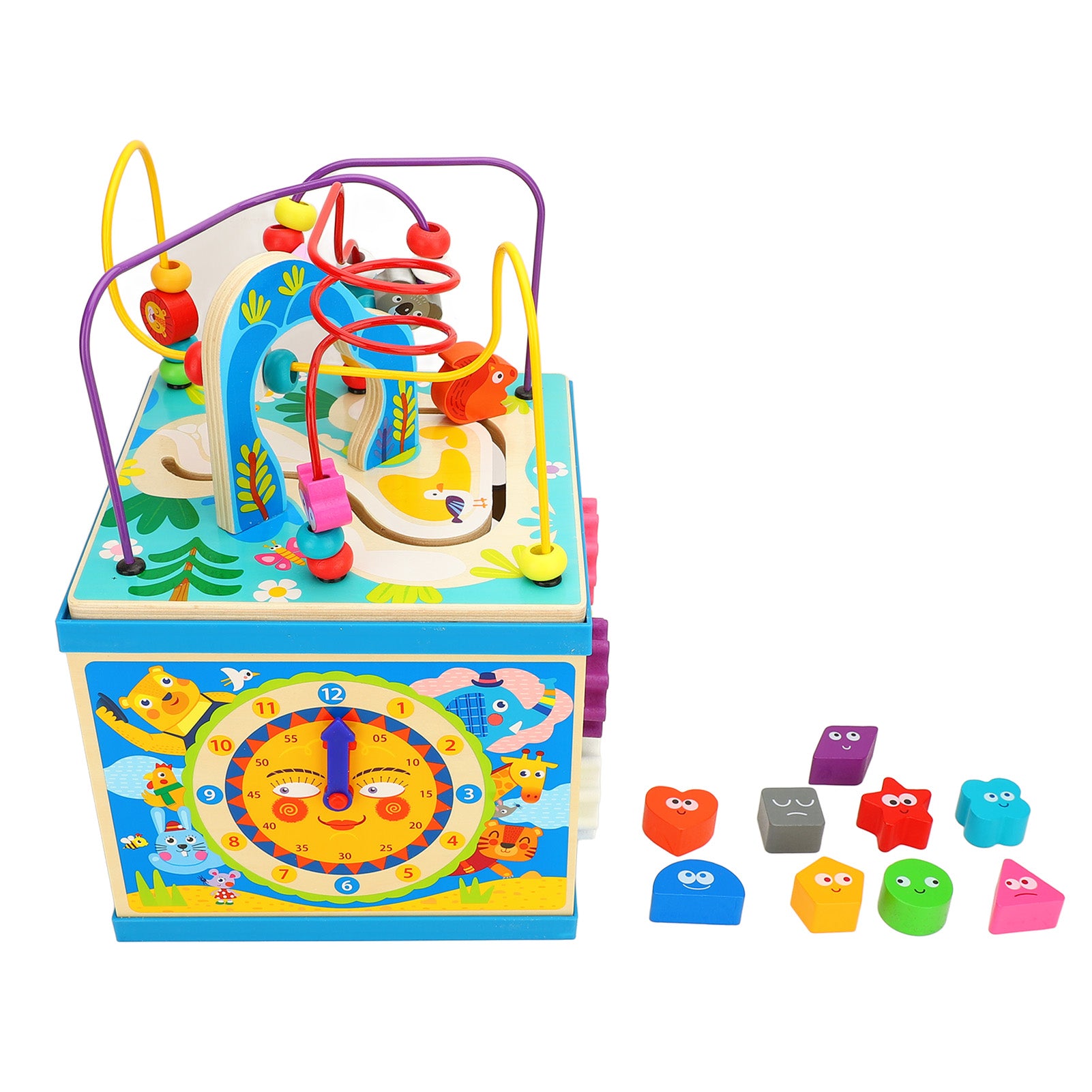 Wooden Activity Cube Montessori Toy Bead Maze Shape Sorting Rotating Gears Clock Recognition Educational Toy
