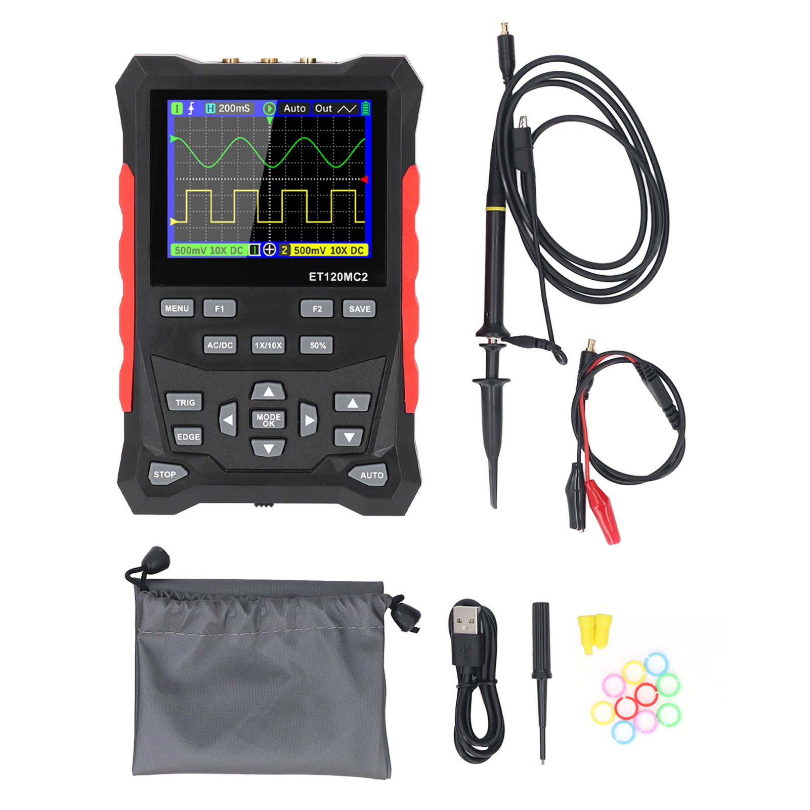 Oscilloscope 2 Channel 120MHz Bandwidth 500MSa/s Sampling Rate 2.4 Inch TFT LCD Digital Oscilloscope with 1‑10X Probe