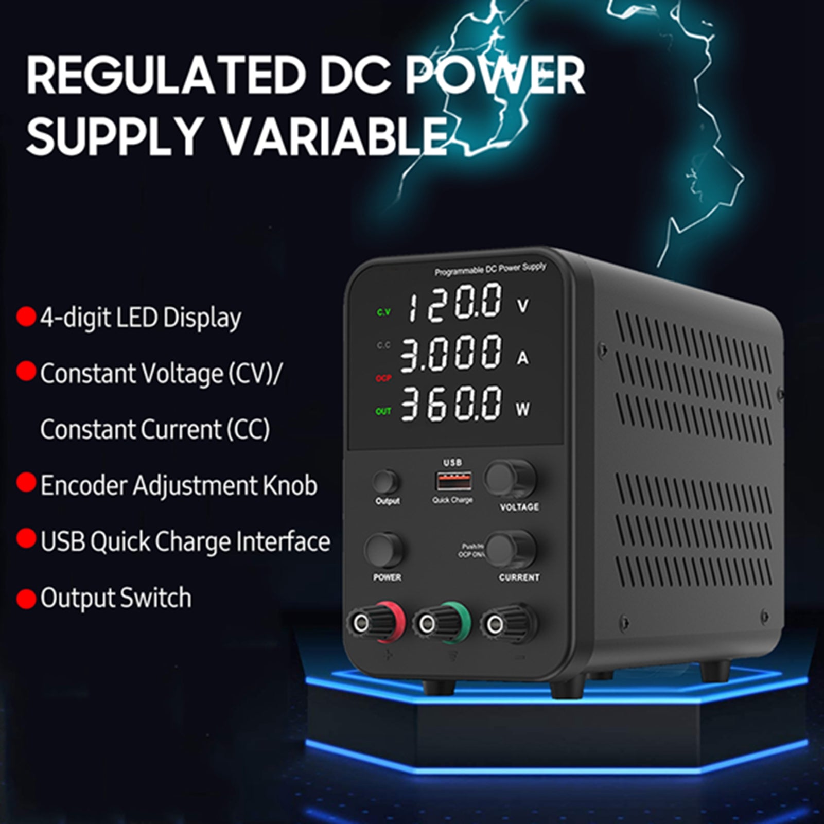 Bench DC Power Supply Variable 120V 3A Digital Display Adjustable Switching Regulated Power Supply CV CC with Output Switch, USB Quick Charge Port, Short Circuit Alarm, Encoder Adjustment Knob