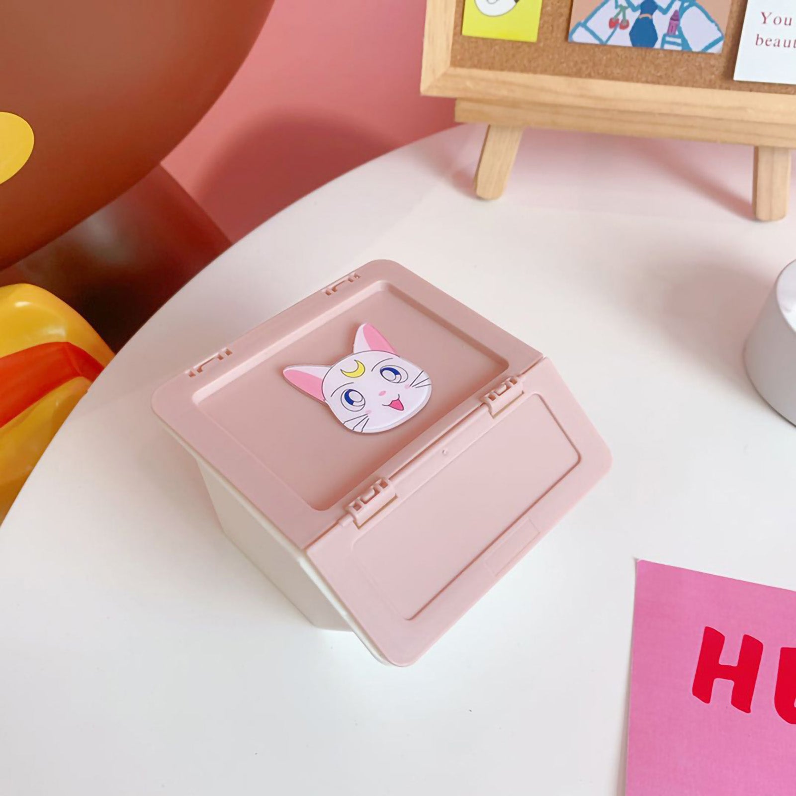 Storage Box Cute Japanese Plastic Mini Cartoon Organizer Fairy for Desk Classroom Moon Cat Pink