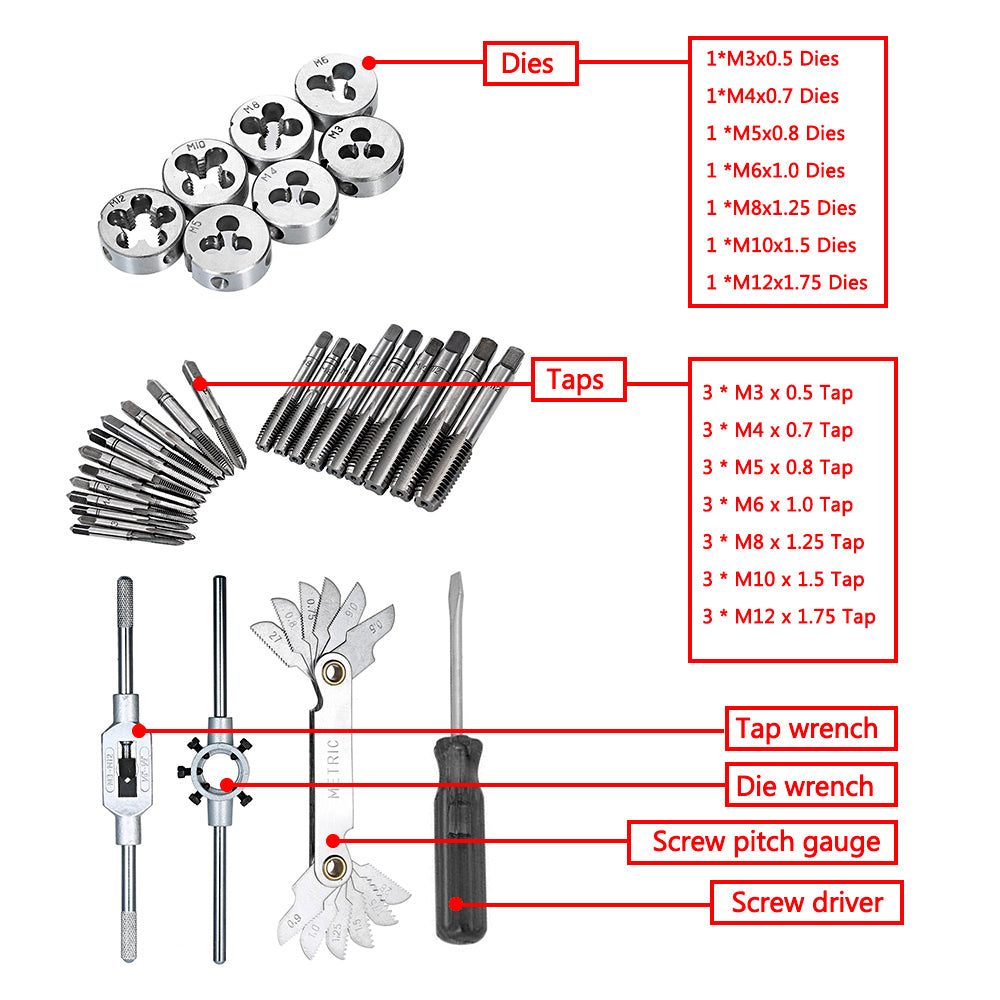 32 PCS HSS Tap and Die Set Metric Wrench Cut M3-M12 Hand Threading Tool Tungsten Carbide Tap Die Screw Thread Making Tool Bit Set Engineer Kit with Metal Case