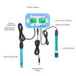 3-in-1 PH/Salinity/TEMP Water Quality Monitor Multi-functional pH & Salinity Monitor Temperature Meter Dual LCD Display with Green Backlight