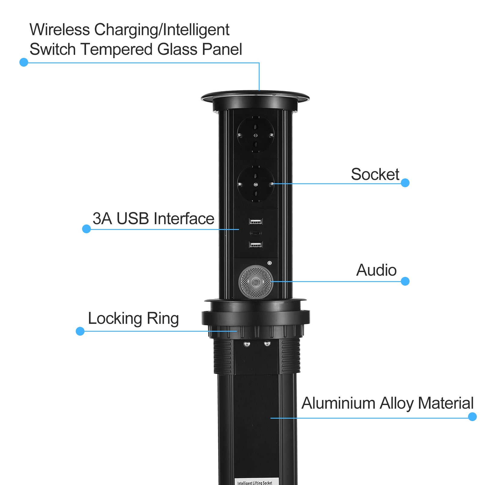 Intelligent Motorised Pop-Up Socket Surge Protector Power Strip Retractable Power Strip with USB Charging Stations for Kitchen Counter, Conference Room