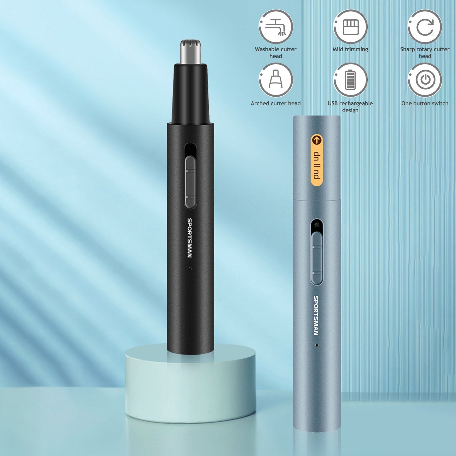 Electric Nose Hair Trimmer Aluminum Tube Body Arched Cutter Head USB Rechargeable with Sideburn Trimmer